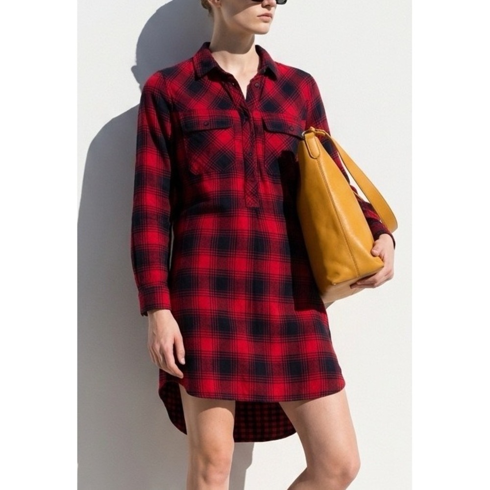 Madewell Plaid Flannel Shirt Dress Womens XS Red Black Buffalo Check Layering